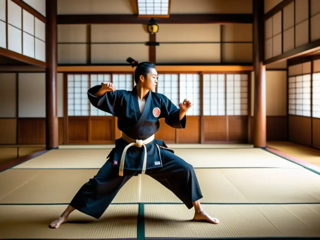 Práctica de técnicas de combate Naginatajutsu tradicional en un dojo japonés, inmerso en la rica herencia cultural del arte marcial