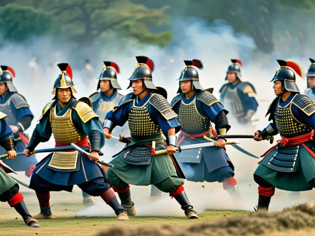 Técnicas de conquista samurái: Grupo de guerreros samuráis practicando formaciones y movimientos tácticos en un campo de batalla cubierto de niebla