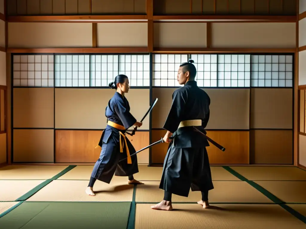 Práctica de Técnicas esenciales del Iaido samurái en un dojo japonés tradicional, con concentración y gracia en cada movimiento