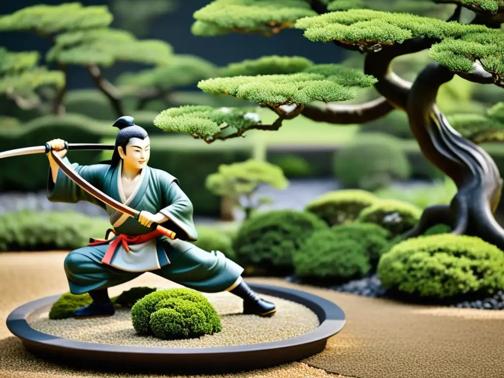 Técnicas de poda inspiradas en samuráis: Jardín japonés con bonsáis y samurái, equilibrio entre armonía y fuerza disciplinada