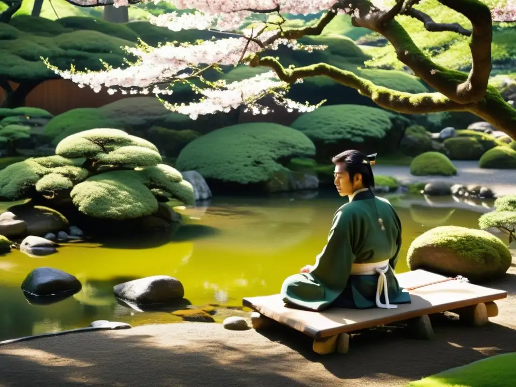 Técnicas de meditación zen samurái en un jardín japonés sereno con un samurái meditando bajo un cerezo en flor