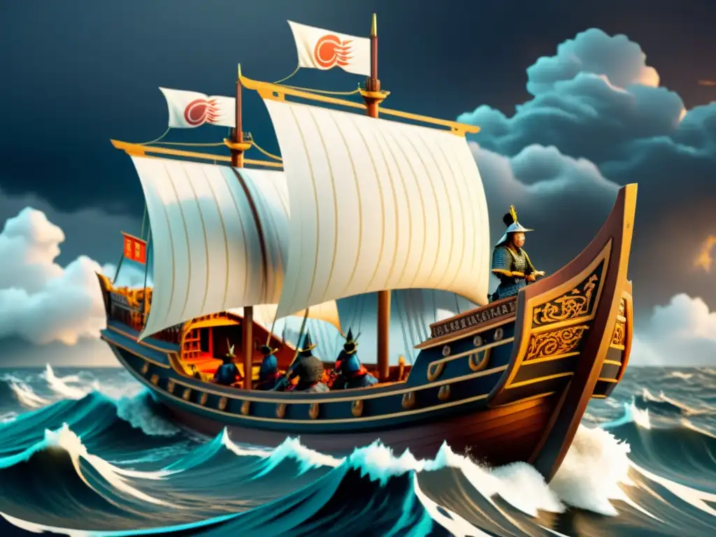 Samuráis en guerra a bordo de un buque Wokou Tecnología naval de los Wokou Samurai: ilustración detallada de un barco de guerra con intrincadas tallas de madera y una tripulación preparándose para la batalla en medio de agitadas aguas y nubes tormentosas