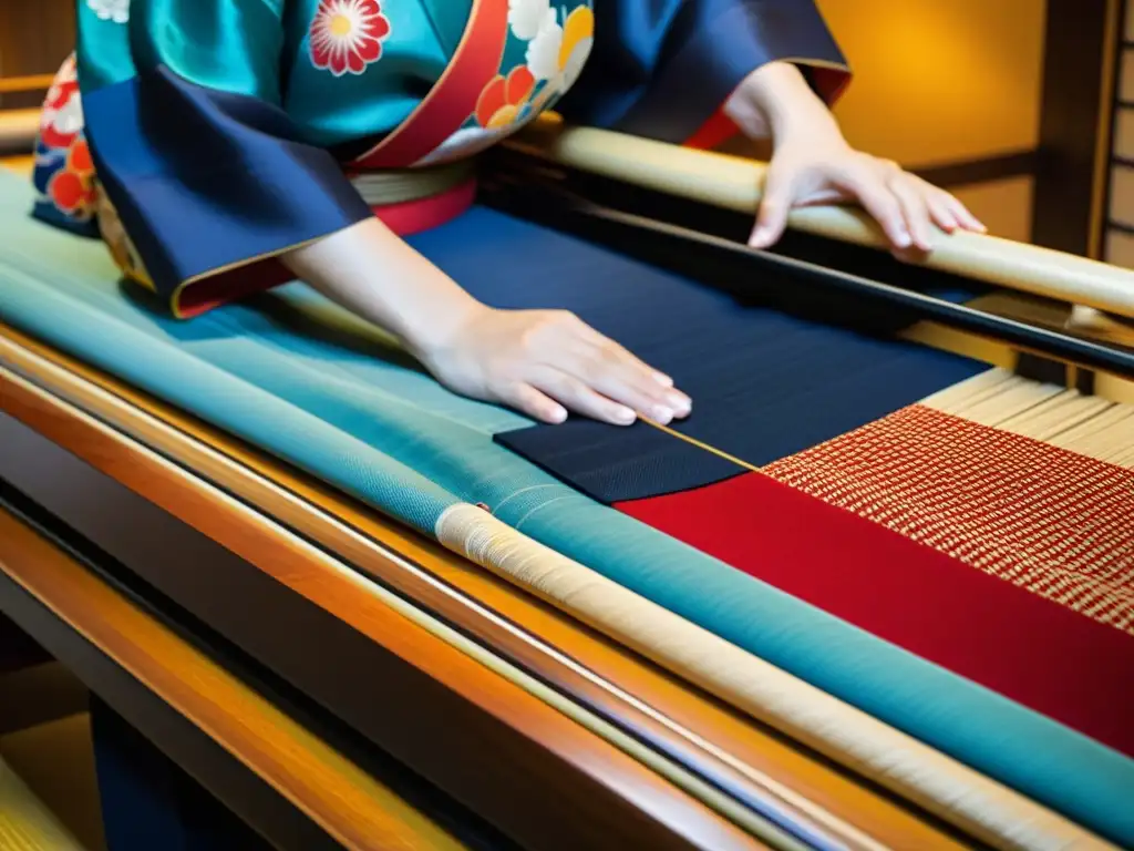 Tejido detallado de kimono japonés en telar de madera, muestra el intercambio cultural en la vestimenta samurái