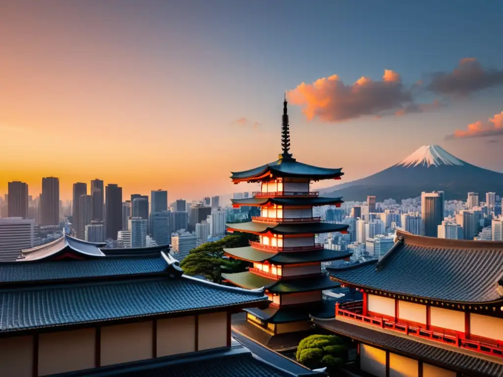 Templo japonés en el paisaje urbano moderno, simbolizando los Principios del bushido en la era digital