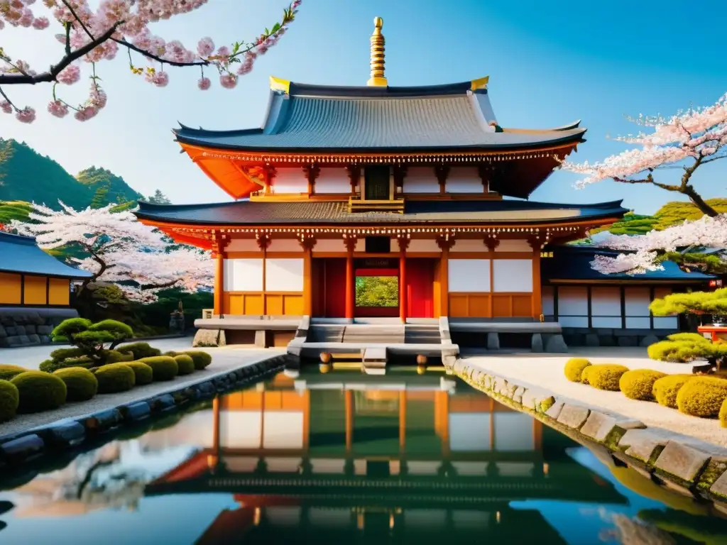 Un templo japonés rodeado de cerezos en flor y un paisaje sereno