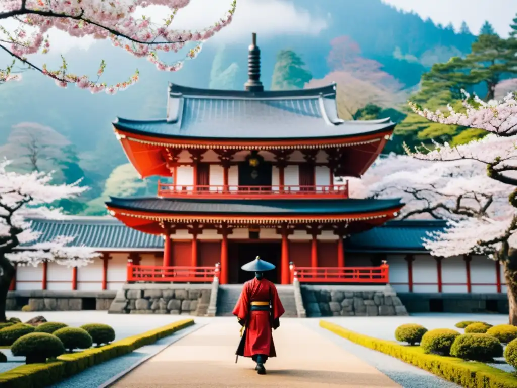 Un templo japonés tradicional rodeado de cerezos en flor, con un samurái en meditación