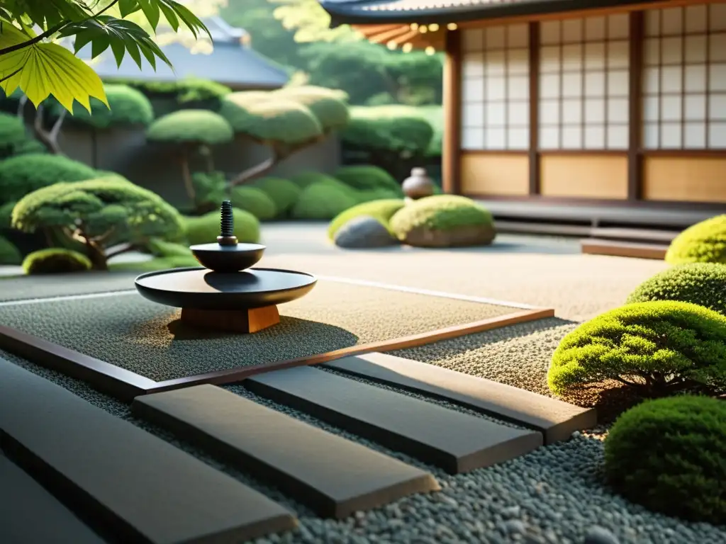 Jardín japonés zen con templo de madera y vegetación exuberante, creando una conexión entre Zen y Artes Marciales