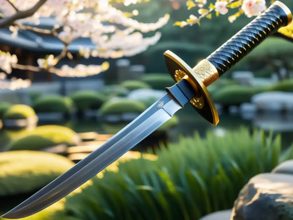 El texto ALT es: 'Una katana tradicional con detalle exquisito, reflejando el espíritu del Bushido en Okinawa