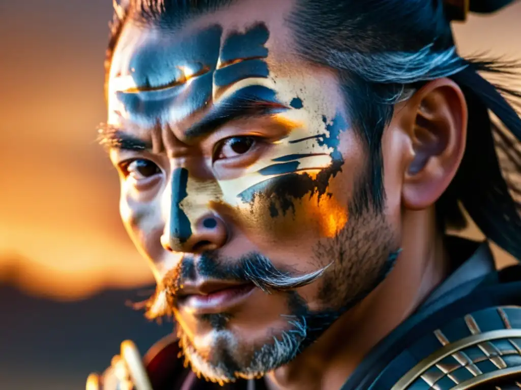 El texto ALT es: 'Rostro de samurái en atardecer, refleja dualidad samurai en películas'