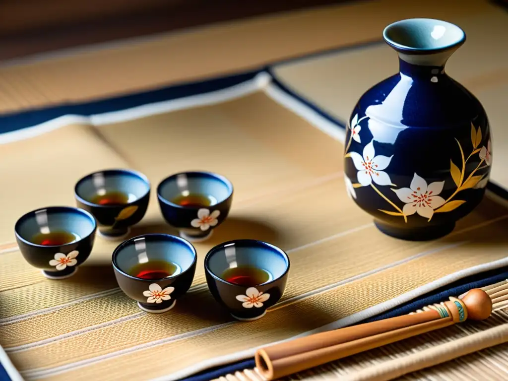 Un tokkuri y ochoko japoneses con diseño de cerezos en flor sobre tatami, evocando la ceremonia de sake sets samurái