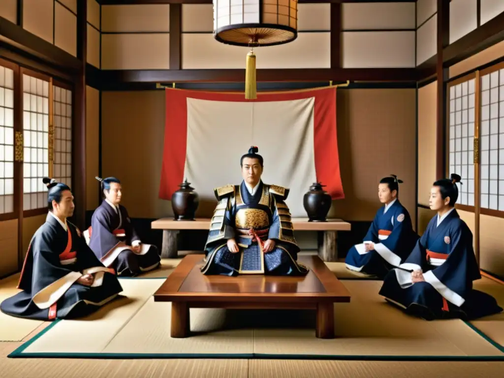 Tokugawa Ieyasu y sus consejeros en una sala japonesa, discutiendo sobre las políticas de aislacionismo