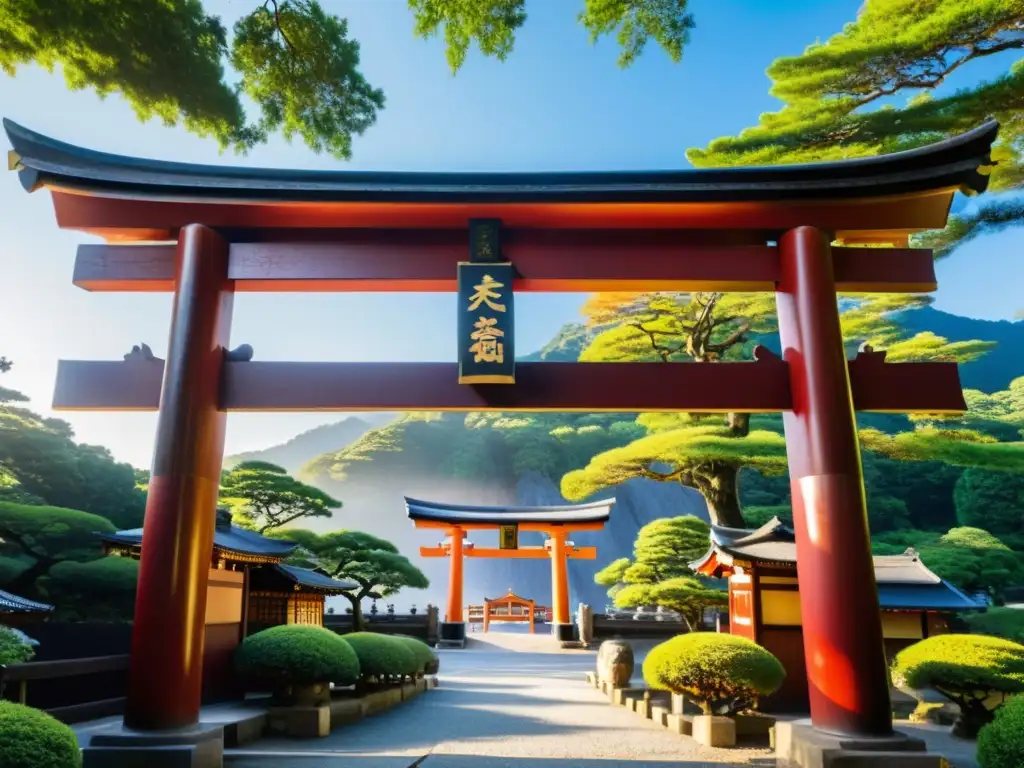 Un torii de madera en un santuario, rodeado de naturaleza exuberante y montañas neblinosas, evocando las peregrinaciones en la Tierra de los Samuráis