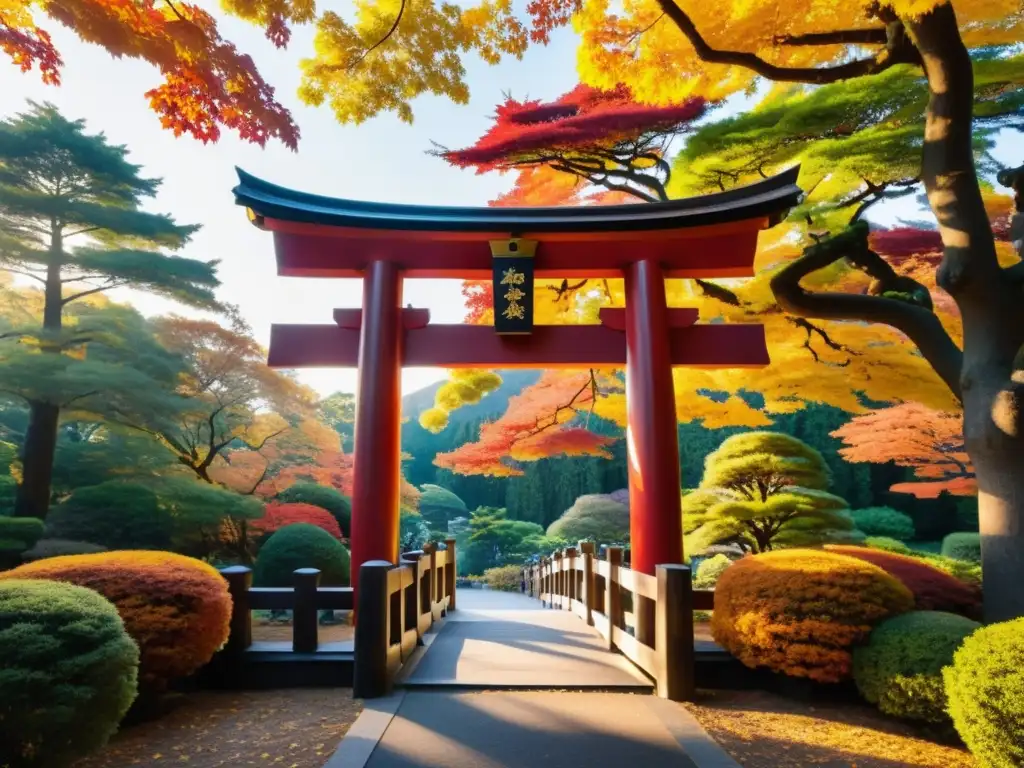 Un torii de madera tallado con detalle, rodeado de follaje otoñal, reflejando la influencia religiosa en la formación de los samurái