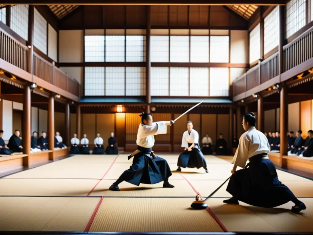 Un torneo de Iaido en un majestuoso salón con competidores ejecutando técnicas precisas