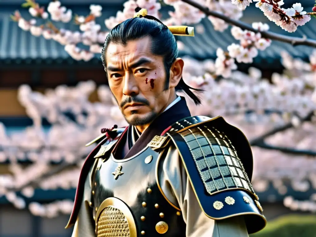 Toshiro Mifune, leyenda del cine de espadas japonés, con armadura samurái entre cerezos en flor, emana poder y tradición