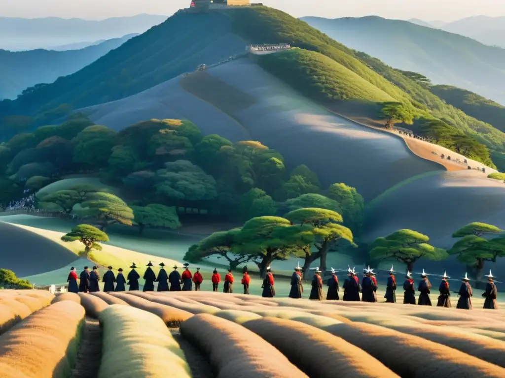 Guía samurái lidera tours en campos de batalla de Sekigahara, Japón, entre niebla y monumentos históricos