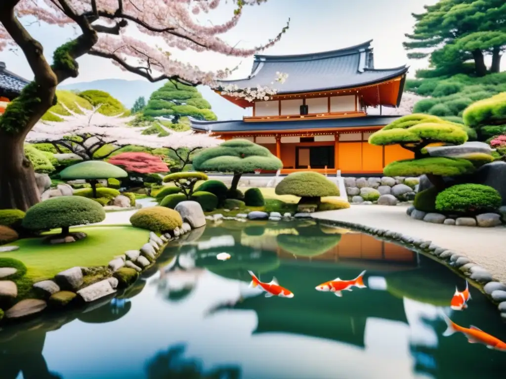 Un jardín japonés tradicional en Fushimi, Kyoto, con árboles, flores de cerezo y peces koi