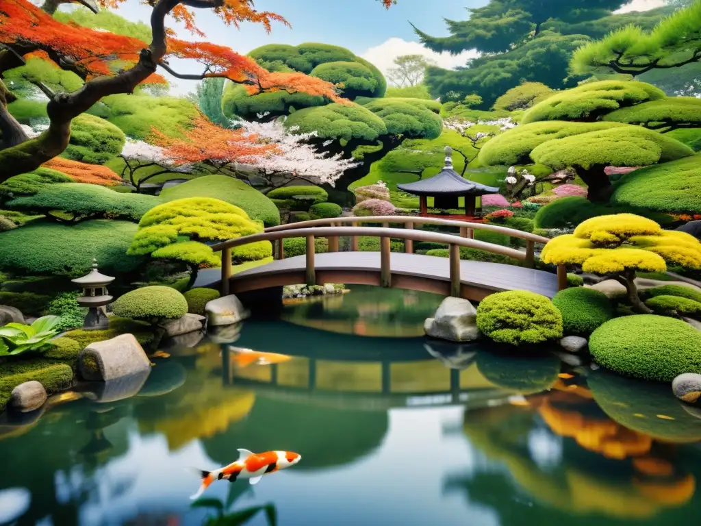 Un jardín japonés tradicional con árboles meticulosamente cuidados, un estanque tranquilo con peces koi y un puente de madera arqueado