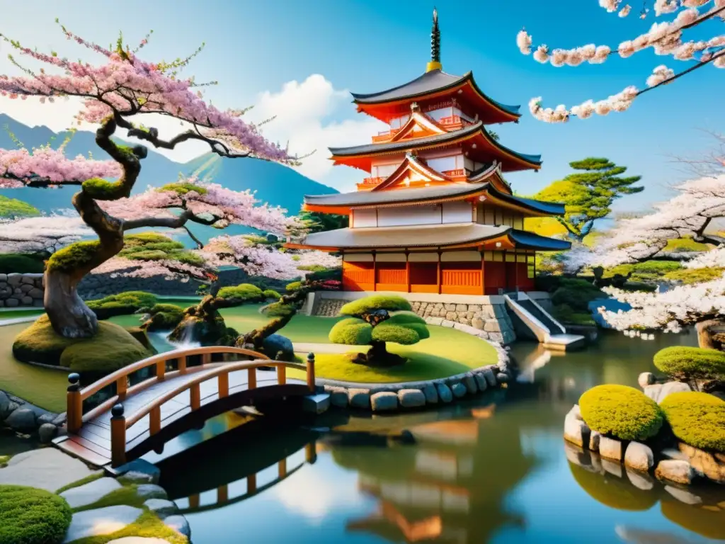 Un jardín japonés tradicional con árboles de bonsái, estanque de peces koi y un castillo samurái antiguo, para Apps realidad aumentada samurái