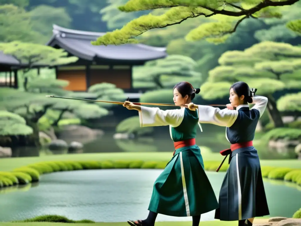 Competición de Kyudo tradicional en Japón, con arqueros concentrados en un hermoso jardín japonés