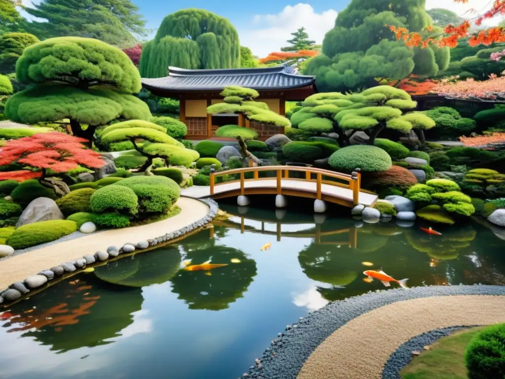 Un jardín japonés tradicional con arquitectura de jardines samurái naturaleza, koi en estanque, puentes y teahouse entre la exuberante vegetación