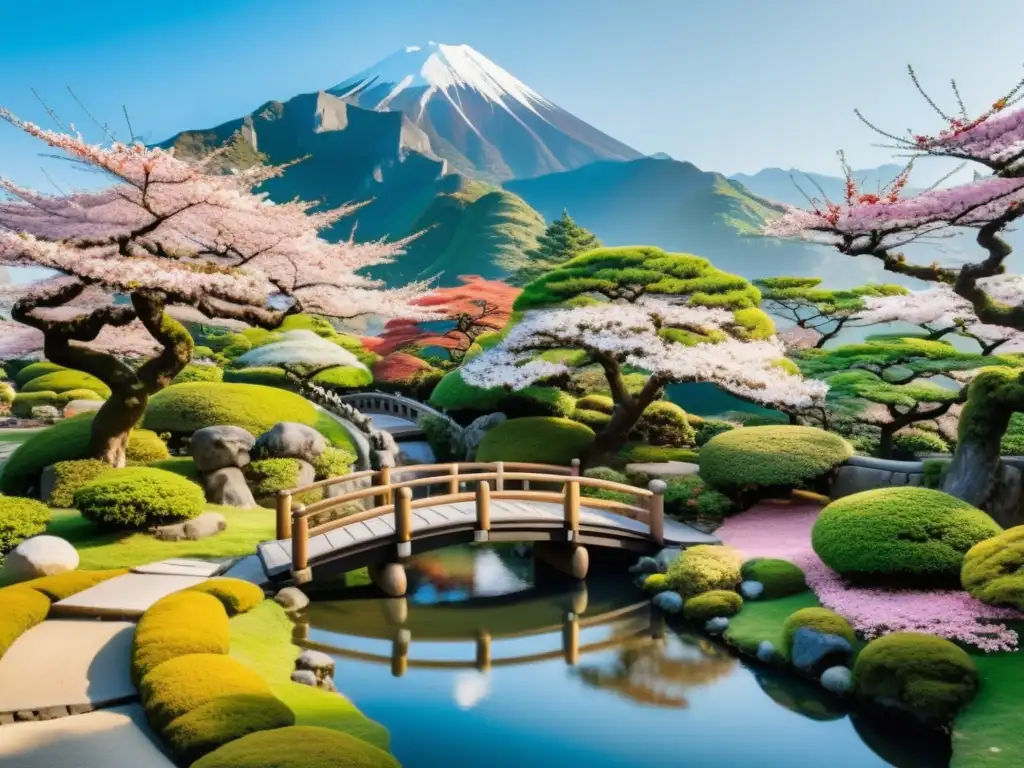 Un jardín japonés tradicional con bonsáis, arroyo, puente y samurái contemplativo