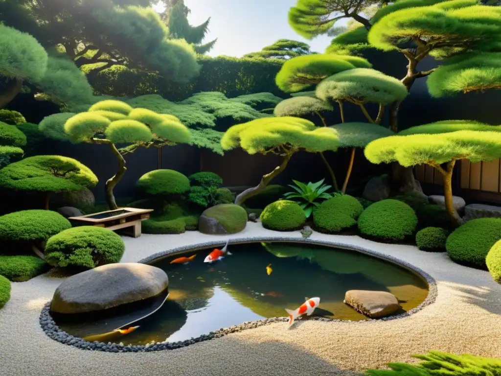 Un jardín japonés tradicional con bonsáis, estanque de koi y equilibrio natural, reflejando la armonía del legado samurái