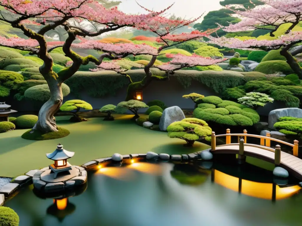 Un jardín japonés tradicional con bonsáis, estanque de carpas koi y farol de piedra iluminando la escena al anochecer