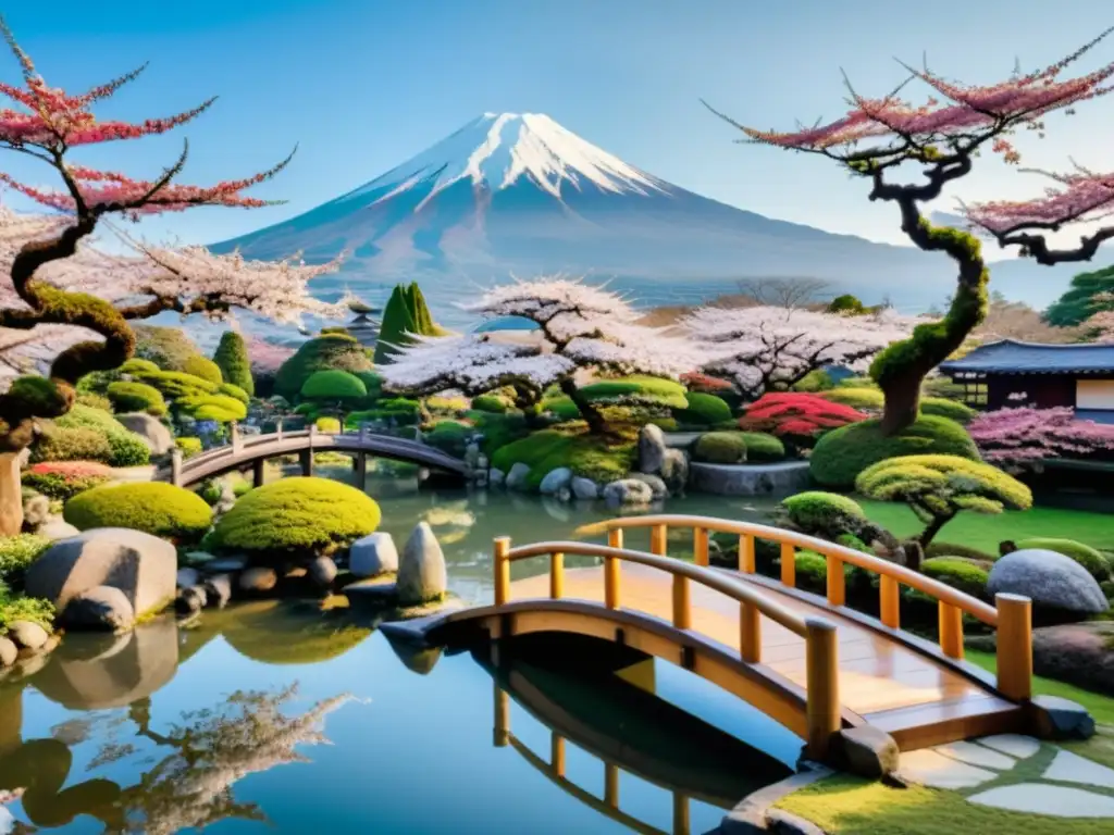 Jardín japonés tradicional con bonsáis, estanque de kois, puente de madera y Monte Fuji nevado, reflejando la relación entre samuráis y naturaleza