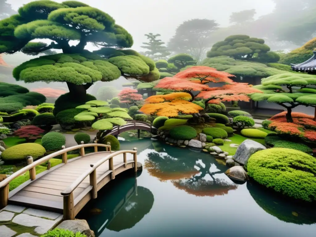 Un jardín japonés tradicional con bonsáis, un estanque de koi, un puente de madera y neblina, reflejando el vínculo jardines japoneses samuráis