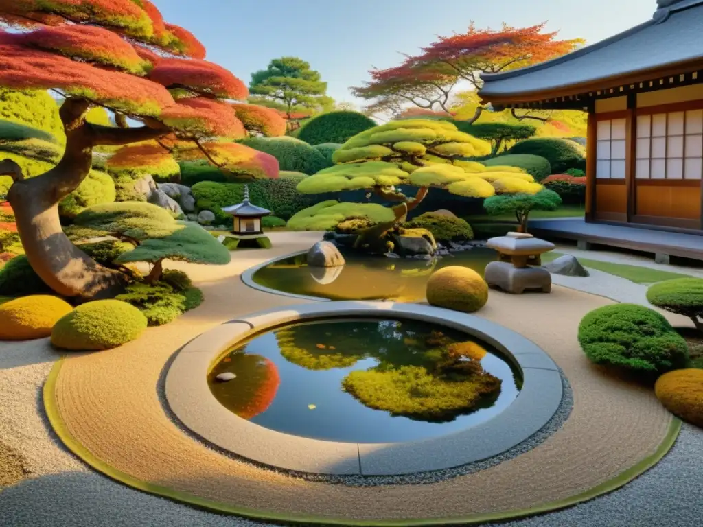 Jardín japonés tradicional con bonsáis, estanque sereno, linterna de piedra y colores vibrantes evocando la conexión con la filosofía samurai