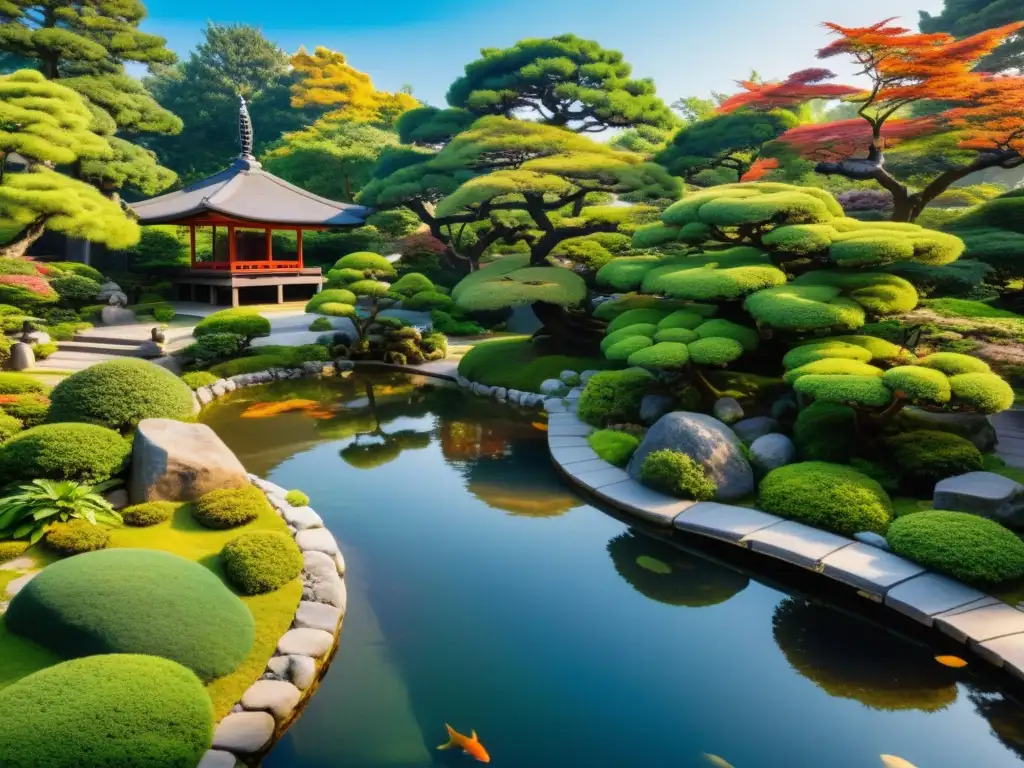 Un jardín japonés tradicional con bonsáis, estanque de koi y pagoda