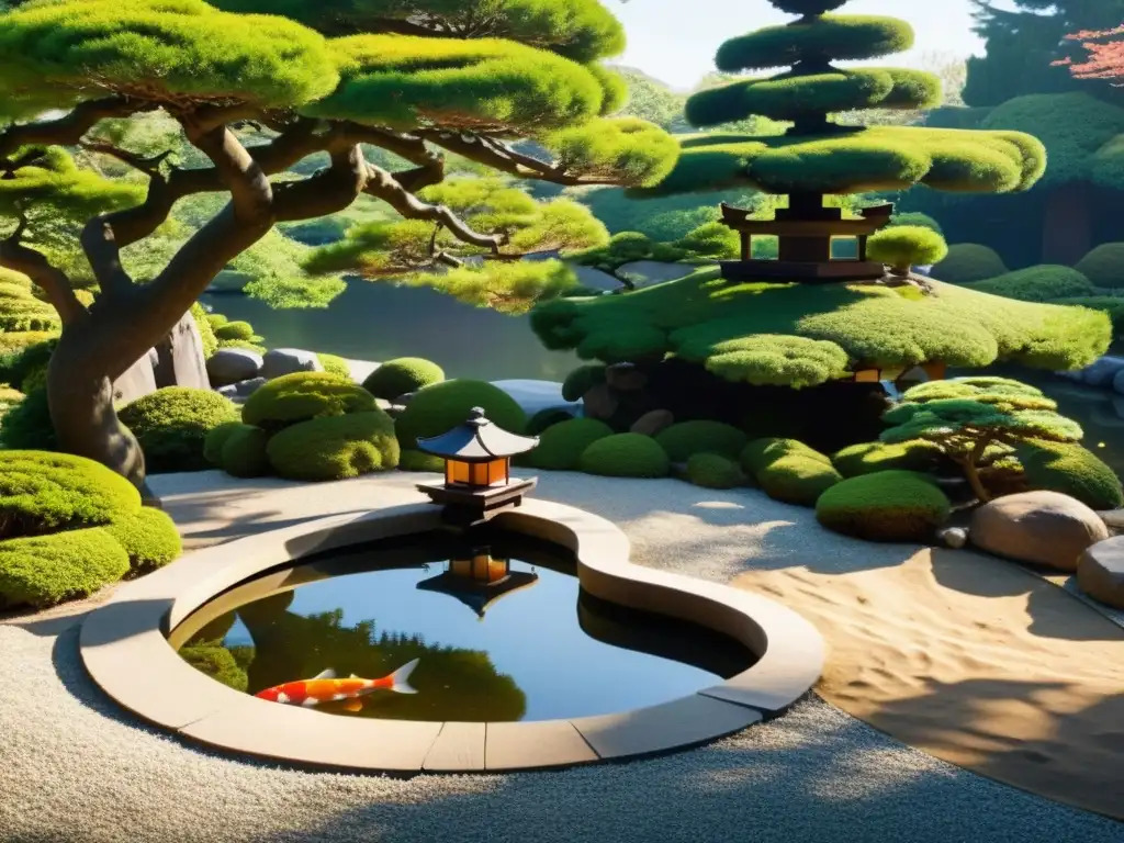 Un jardín japonés tradicional con bonsáis, farol de piedra, puente de madera y kois