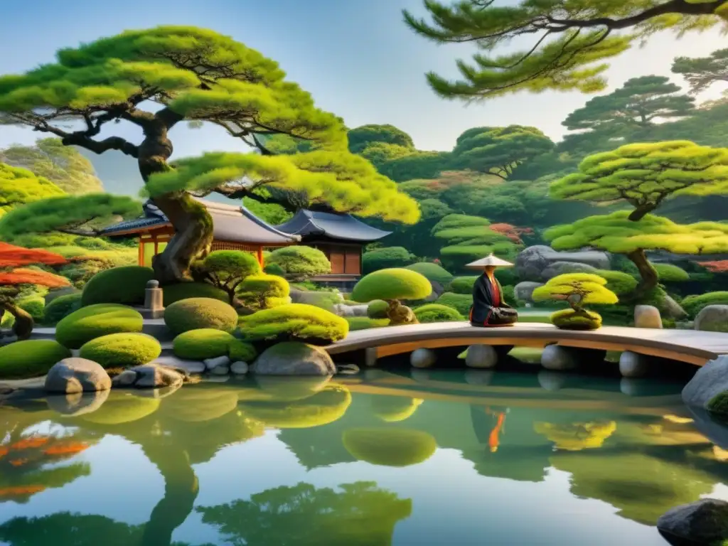 Un jardín japonés tradicional con bonsáis junto a un tranquilo estanque, un samurái meditando en armonía con la naturaleza