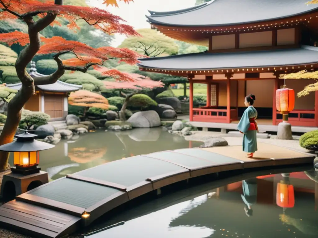 Un jardín japonés tradicional con una celebración Sekku, mujeres en kimonos, hombres practicando artes marciales y un ambiente sereno