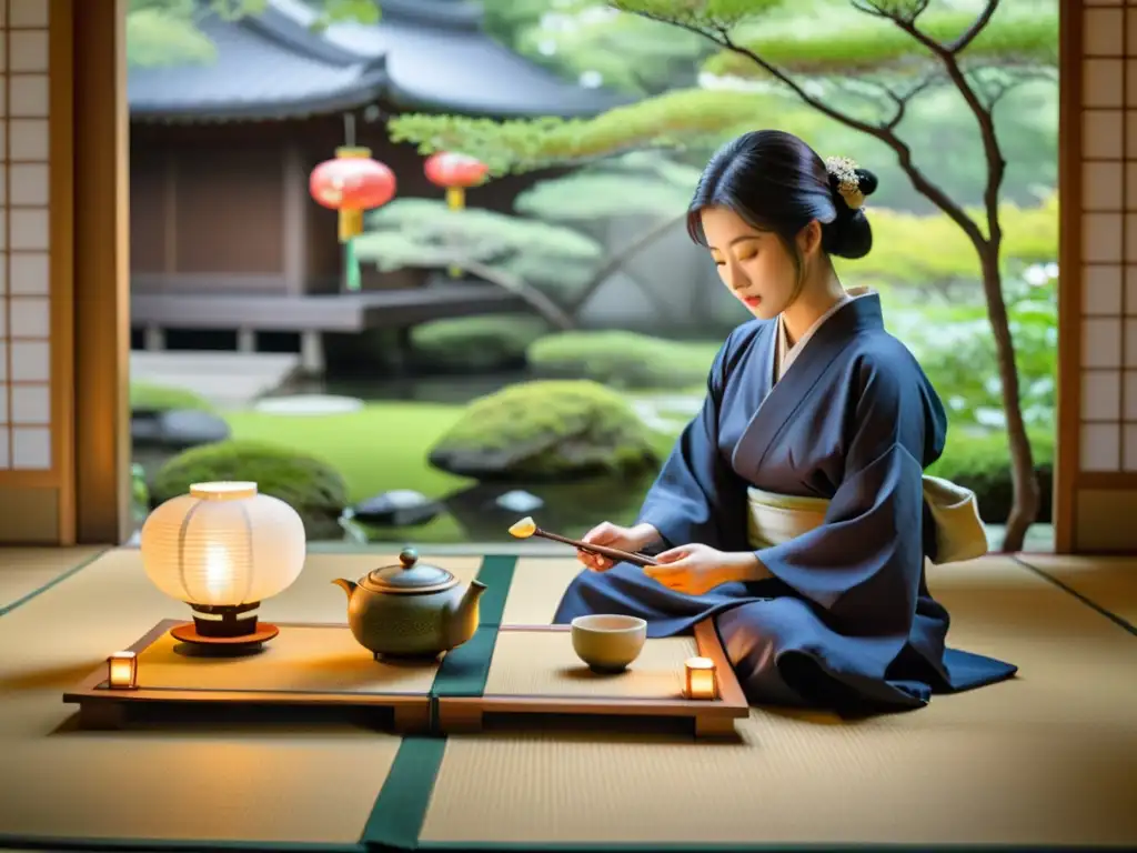 Tradicional ceremonia del té japonés en un jardín sereno con estética del haiku en samurái