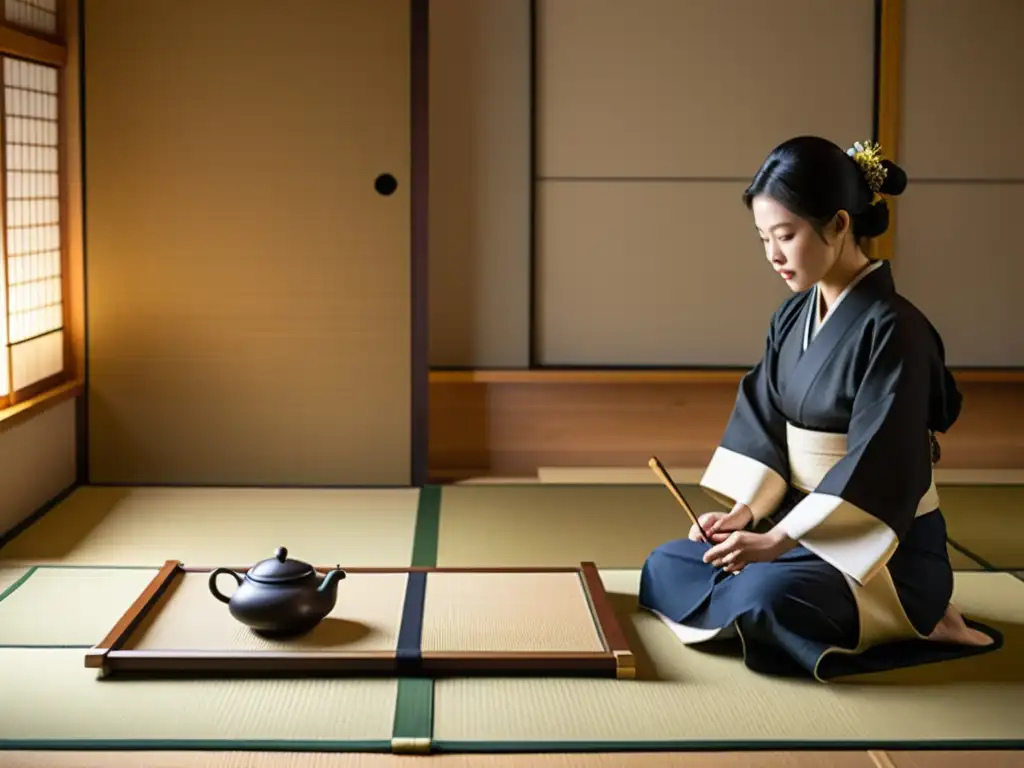 Tradicional ceremonia del té japonesa en sereno tatami, evocando sabiduría samurái en el manejo de conflictos