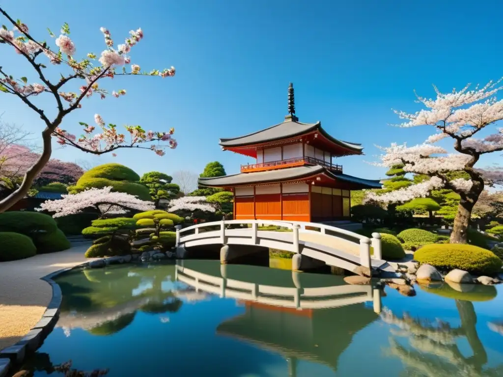 Jardín japonés tradicional con cerezos en flor, puente de madera sobre estanque y pagoda, evocando la filosofía samurái y pensamiento confuciano