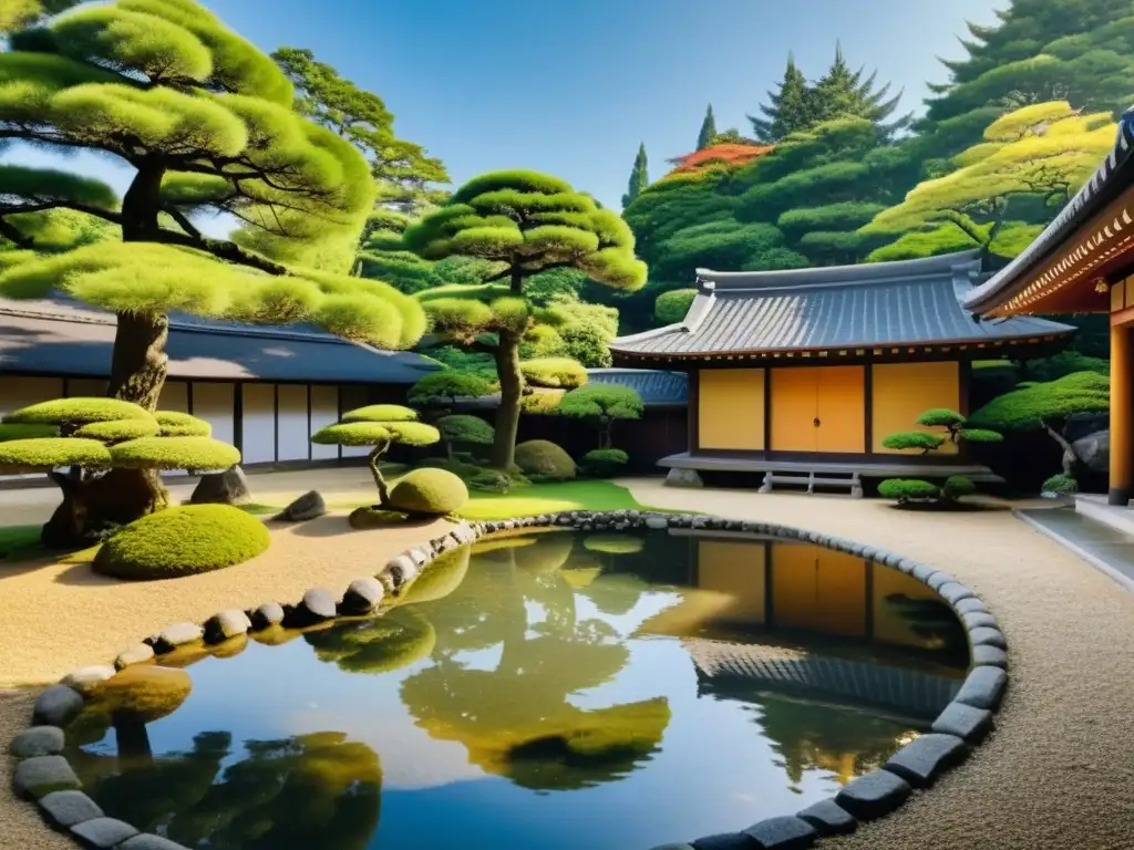 Un jardín japonés tradicional con cuidados árboles, faroles de piedra y un estanque sereno, junto a una residencia samurái