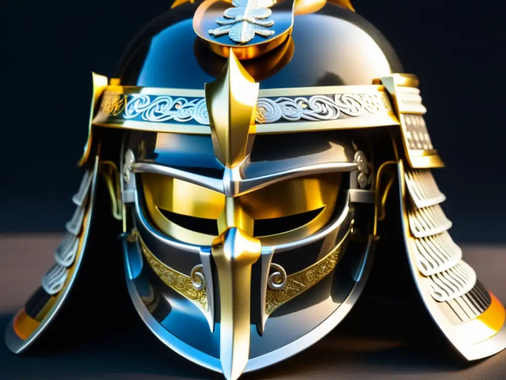 Un kabuto samurái tradicional, ricamente decorado con detalles en oro y plata, se destaca sobre un fondo oscuro