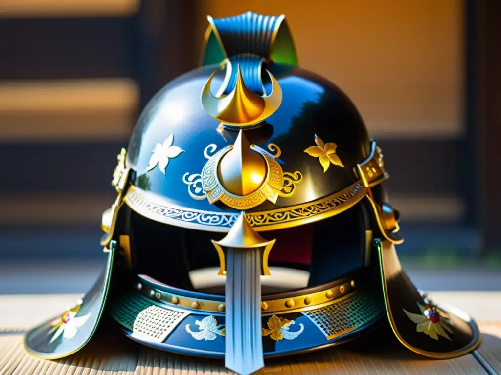 Un kabuto samurái tradicional, con detalles ornamentados y simbolismo histórico, representa la cultura de los Daimyos y Shogunes en la cultura samurái