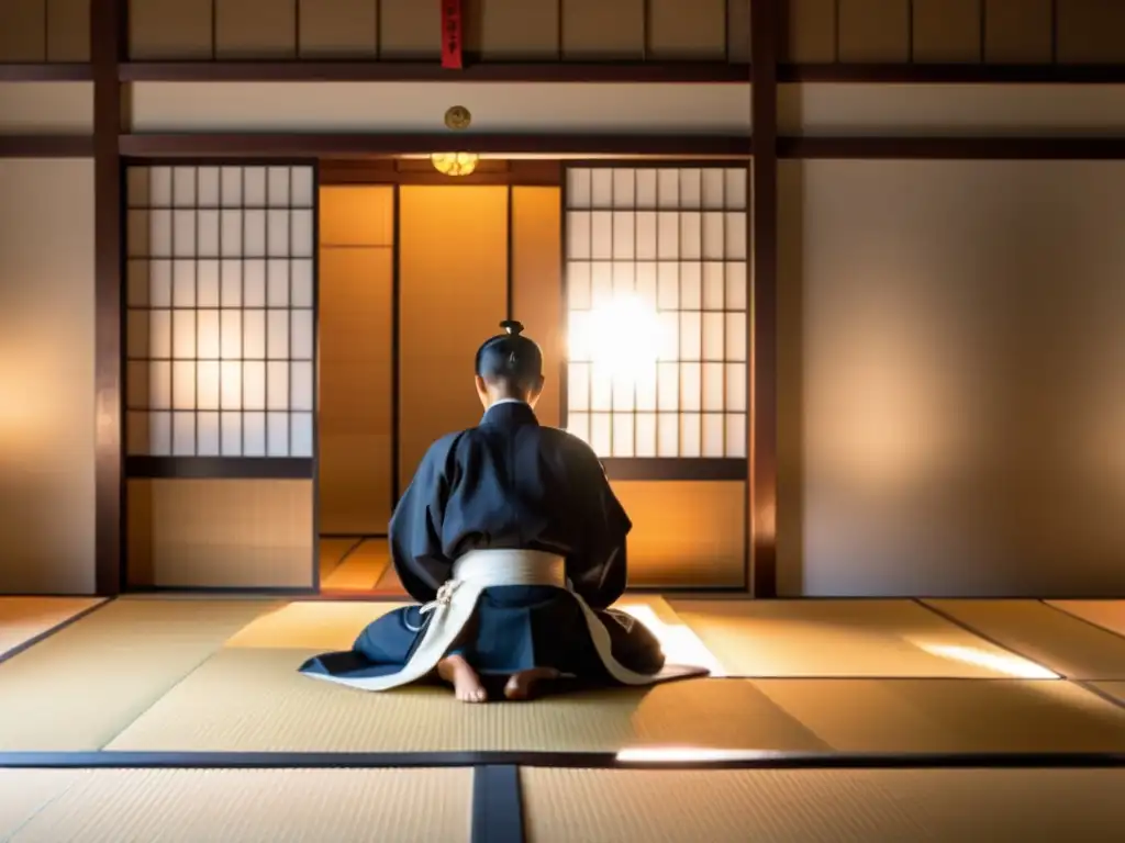 En el tradicional dojo japonés, un practicante de Iaido samurái en seiza, viste su keikogi y hakama blancos, envuelto por la cálida luz de la tarde