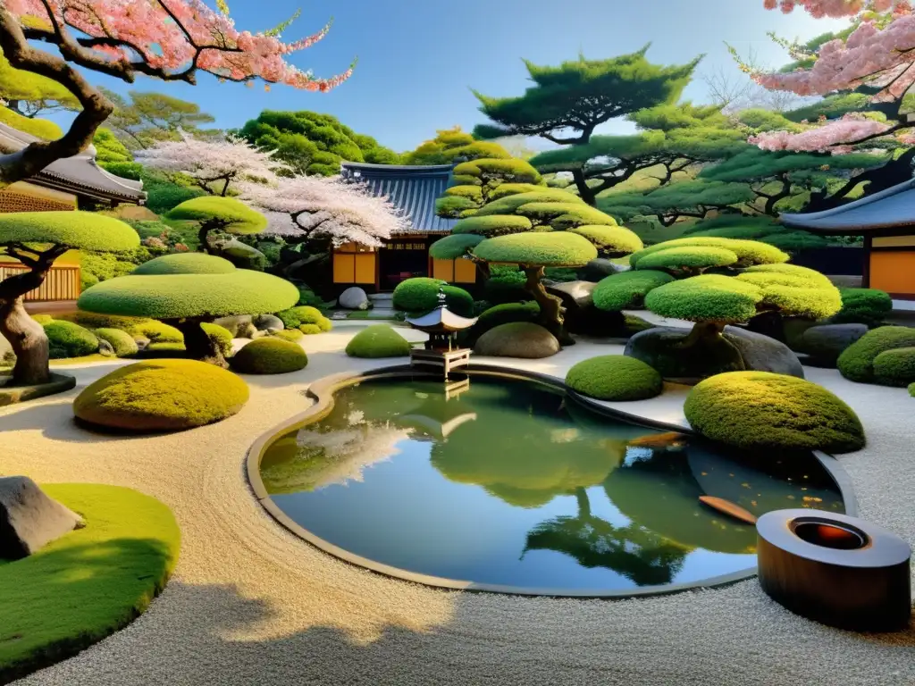 Un jardín japonés tradicional durante la época de los samuráis, con árboles bonsái, cerezos en flor, estanques de peces koi y linternas de piedra