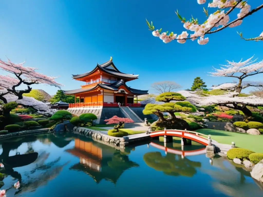 Un jardín japonés tradicional con un estanque de kois y sakuras en flor, junto a un castillo samurái