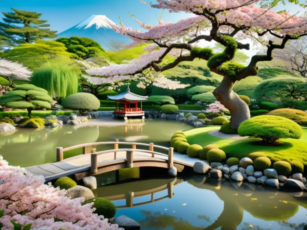 Un jardín japonés tradicional con un estanque, puente de madera y un majestuoso árbol de cerezo en flor