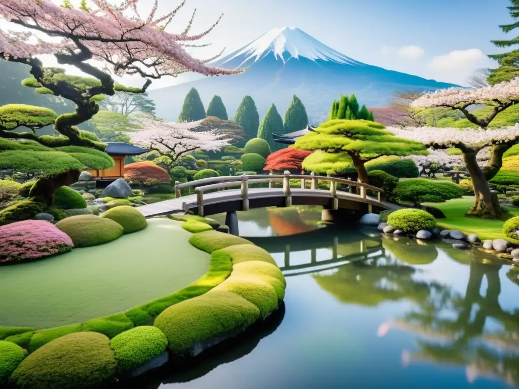 Jardín japonés tradicional con estanque, puente de madera y monte Fuji, reflejando la filosofía samurái de contradicción y complemento