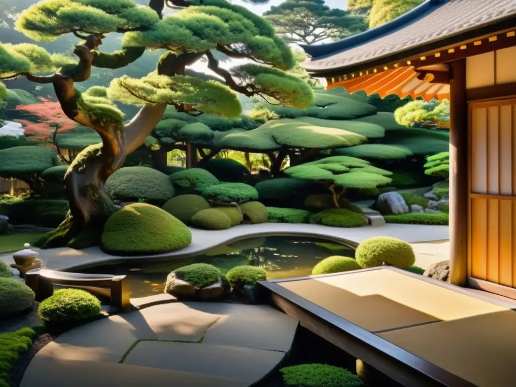 Un jardín japonés tradicional con árboles bonsái, estanque de koi, casa de té y un samurái