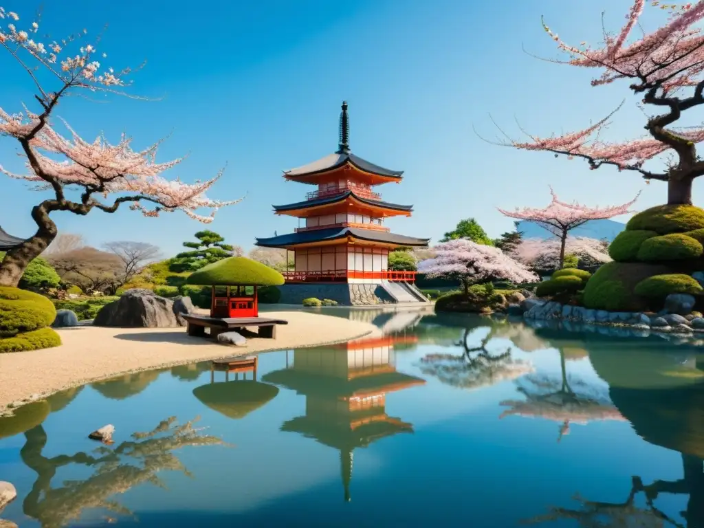 Un jardín japonés tradicional con un estanque sereno, árboles de cerezo en flor y una pagoda majestuosa