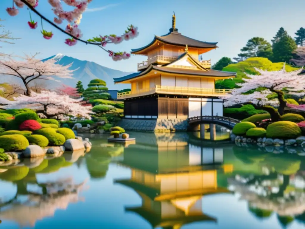 Un jardín japonés tradicional con un estanque sereno reflejando los colores vibrantes de los cerezos y un castillo samurái al fondo