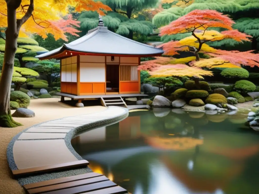 Un jardín japonés tradicional con un estanque sereno reflejando el follaje otoñal de los arces, evocando una atmósfera tranquila y cautivadora